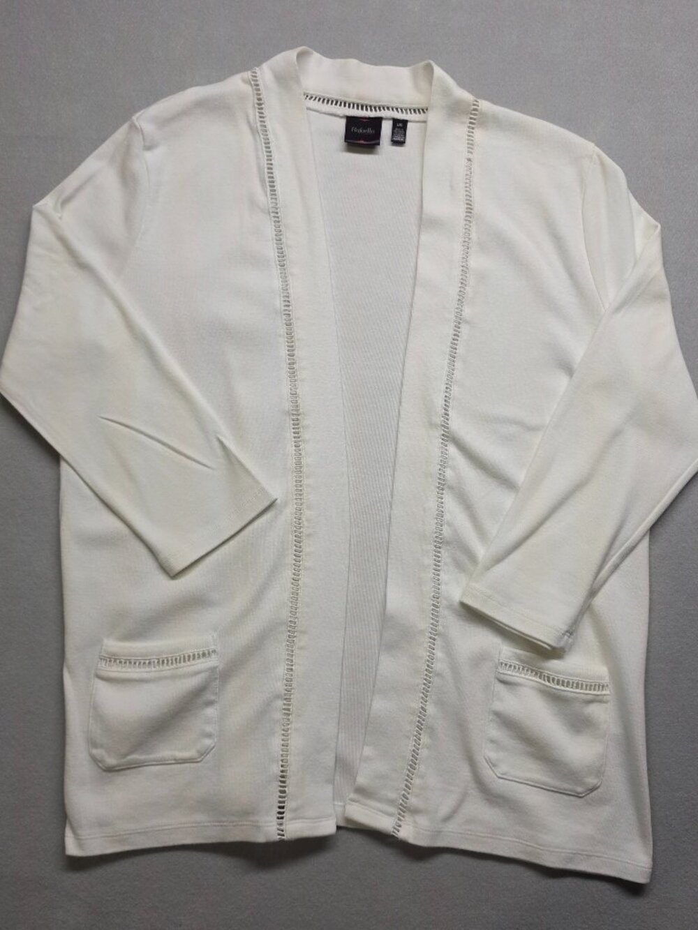 Rafaella White Open Front Cardigan Sweater 100% Cotton Ladder Crochet Trim L  De
